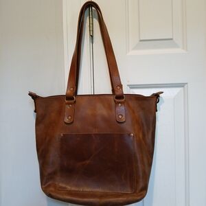 BUCKS Leather Tote Bag Handmade Classic Brown Zip Medium Double Straps Pockets